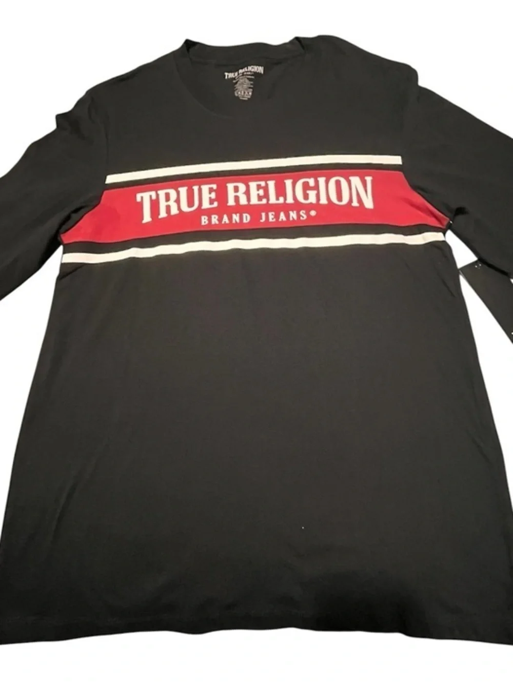 True Religion Black Long Sleeve Shirt with Red Chest Panel and White Logo